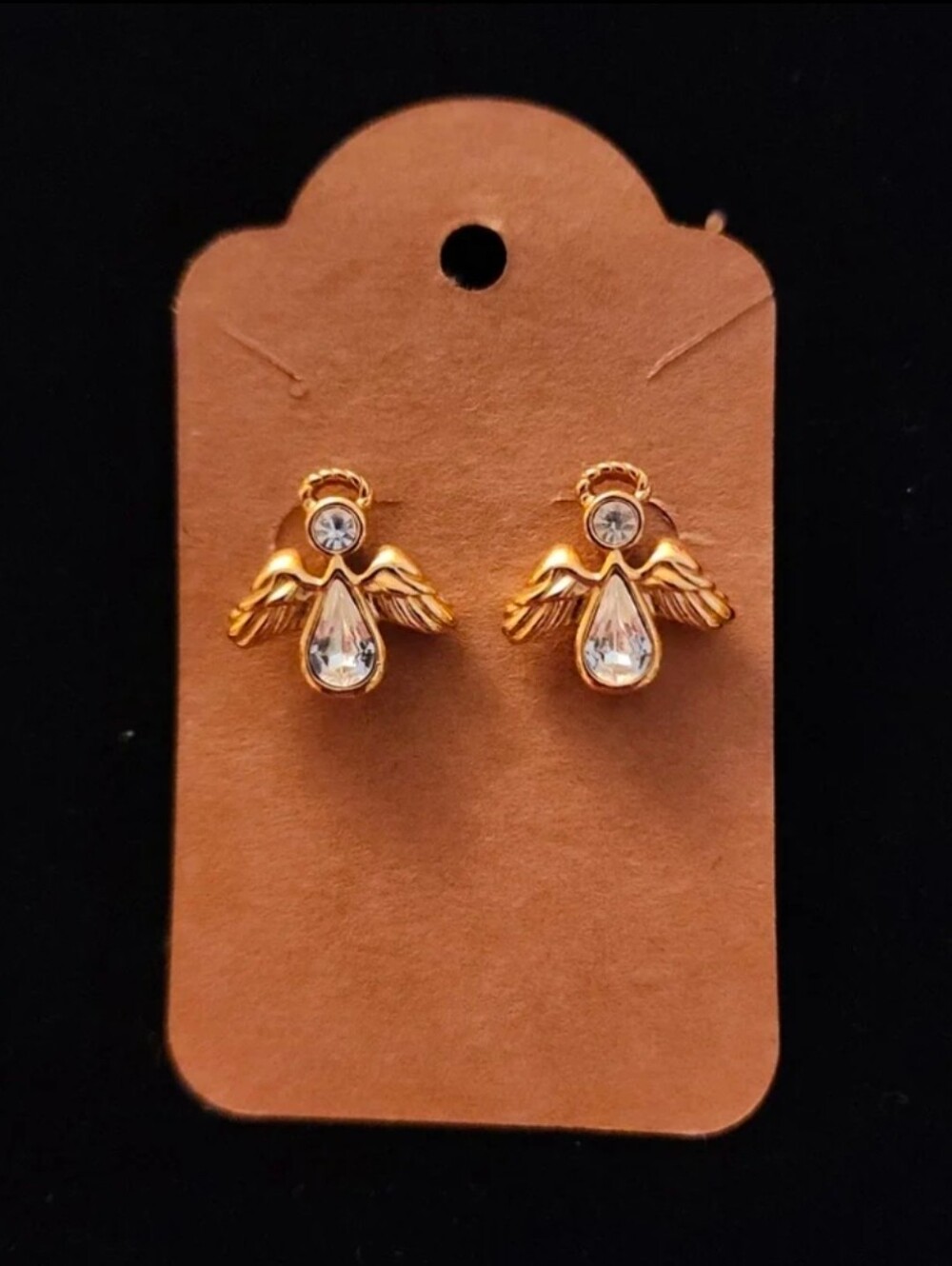 Vintage 1996 Avon Angelic Sparkle Gold Tone Angel Rhinestone Pierced Earrings²